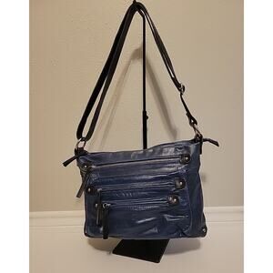 Tano Blue Distressed Leather Crossbody Or Shoulder Bag 14" X 10"